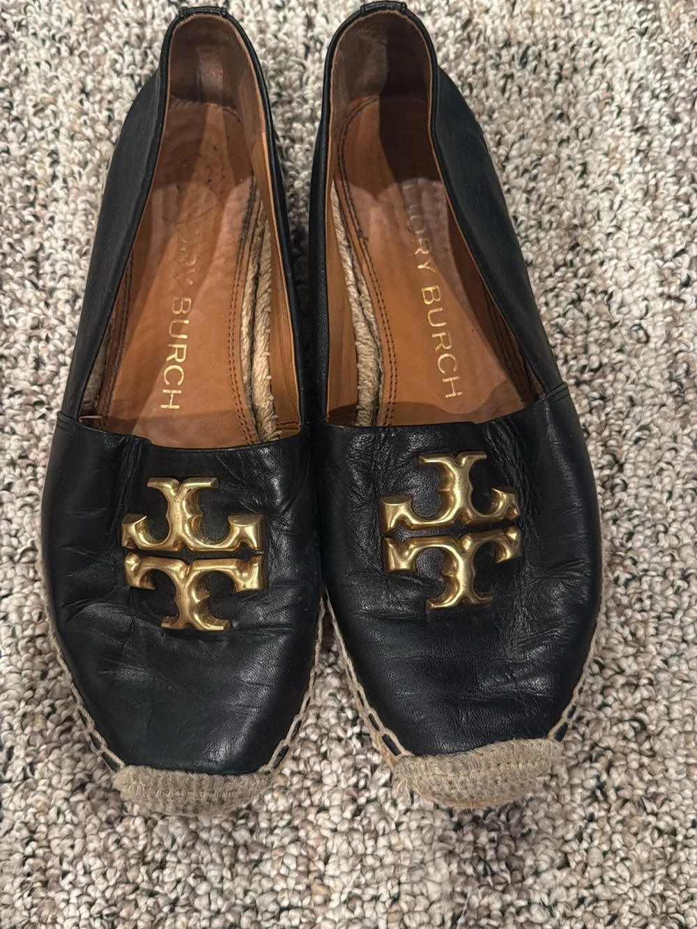 Tory Burch Black Leather Espadrille Mules with Gold Logo